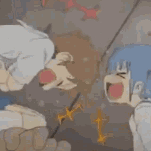 a close up of a cartoon character laying on the floor with his mouth open .