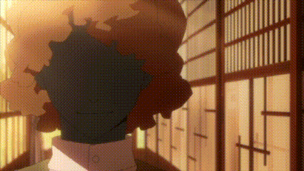 a cartoon character is standing in a hallway with a samurai sword in his hand .