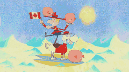 a cartoon of a man riding a horse with a canadian flag