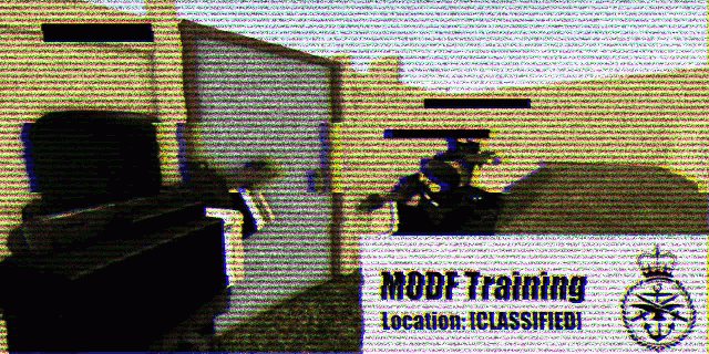 a black and white image of a room with modf training written on the bottom