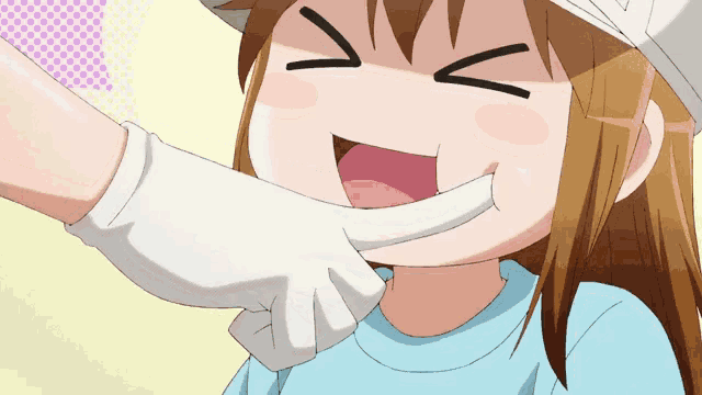 a cartoon girl with a white glove on her hand is smiling