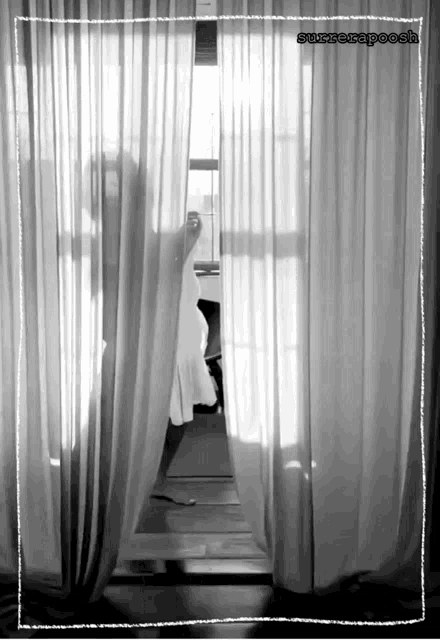 a black and white photo of a person behind a curtain with the name surserapoosh on it