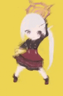 a cartoon girl is dancing in front of a yellow background and covering her face with her hand .