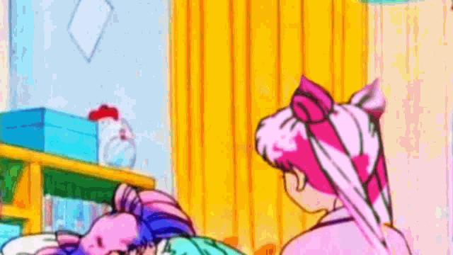 a cartoon of a girl laying on a bed next to another girl .