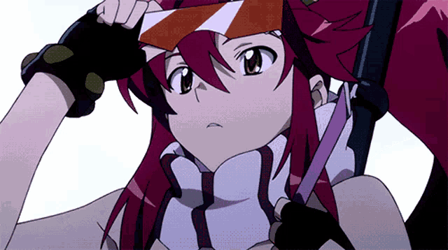 a close up of a girl with red hair and a purple scarf around her neck