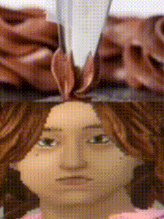 a close up of a cartoon character 's face with a sad look on her face