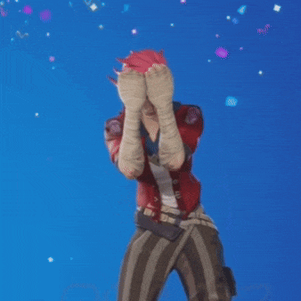 a person in a red shirt and brown striped pants is standing in front of a blue background covering their face with their hands