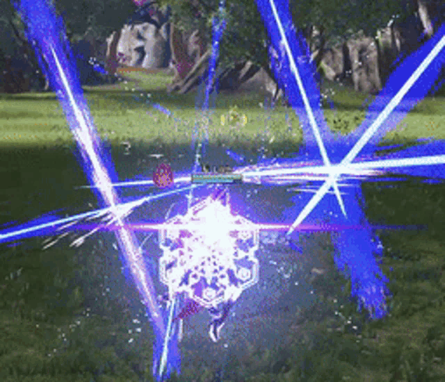 a video game scene with a purple light coming out of a sphere