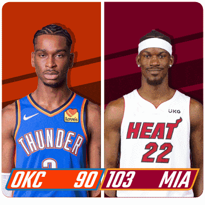 two basketball players one from okc and one from heat are standing next to each other