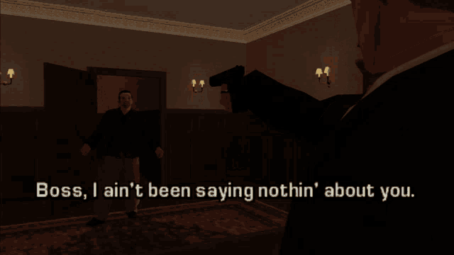 a man in a suit and tie is holding a gun and says boss