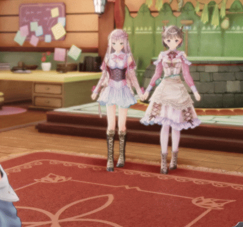 two anime girls are standing on a red rug holding hands