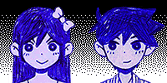 a boy and a girl are standing next to each other in a pixel art .