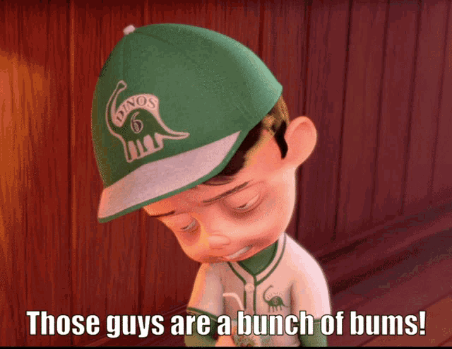 a cartoon boy wearing a green hat that says ' dinos ' on it