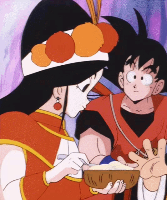 a cartoon of a boy and a girl eating food