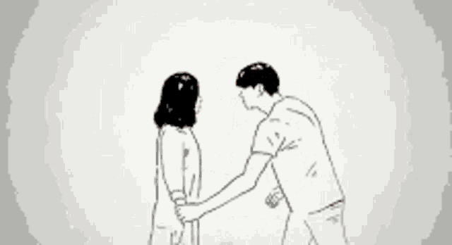 a drawing of a man hugging a woman in a red shirt