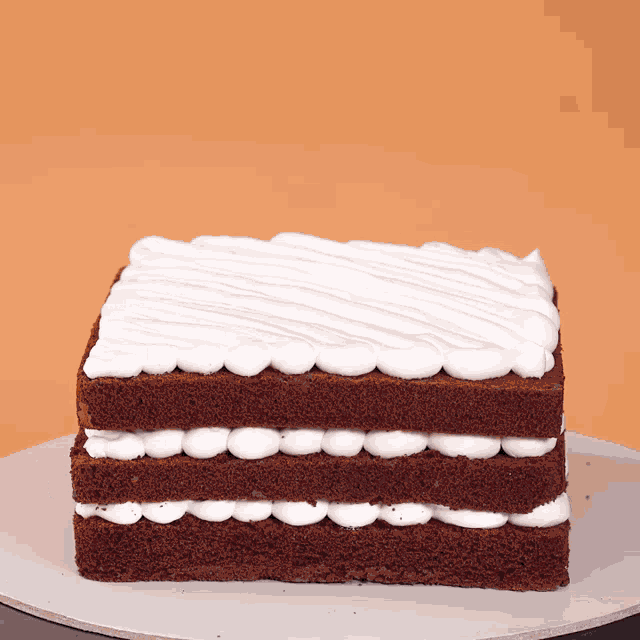 a piece of chocolate cake with whipped cream on top of it