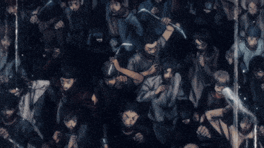 a group of people are standing in a dark room and one has a sword in his hand