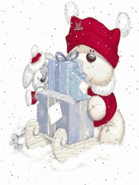 a teddy bear wearing a red hat and scarf is holding a sleigh full of gifts
