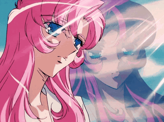 a girl with pink hair and blue eyes looks at her reflection in a mirror