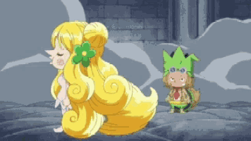 a cartoon character with a flower in her hair is standing next to another character with a green crown