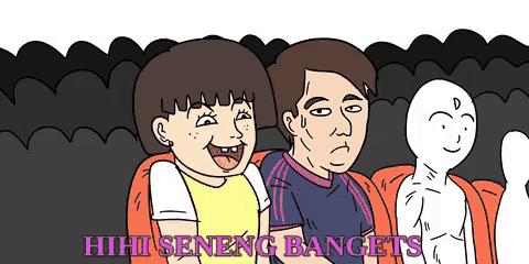 a cartoon of a man and a woman sitting next to each other with the words " hihihi seneng bangets " below them
