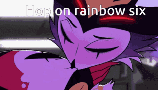a cartoon character with the words hop on rainbow six below it