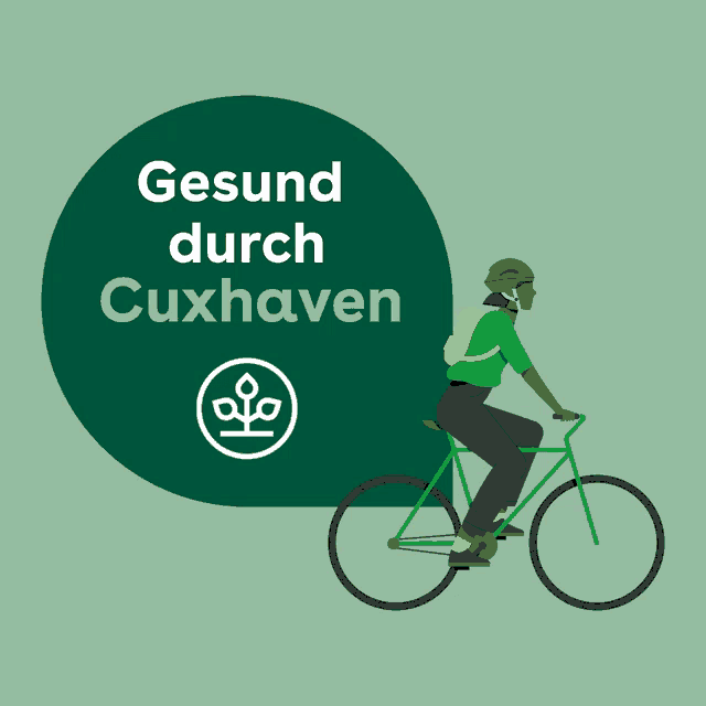 an illustration of a person riding a bike with the words gesund durch cuxhaven below them