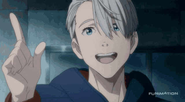a cartoon of a boy pointing up with funimation written in the corner
