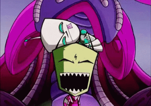 a cartoon character is laughing in front of a purple and pink object .