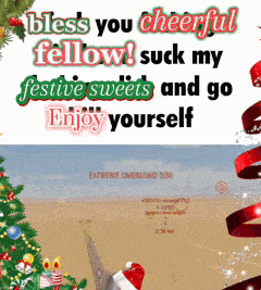 a christmas card that says bless you cheerful fellow suck my festive sweets and go enjoy yourself on it