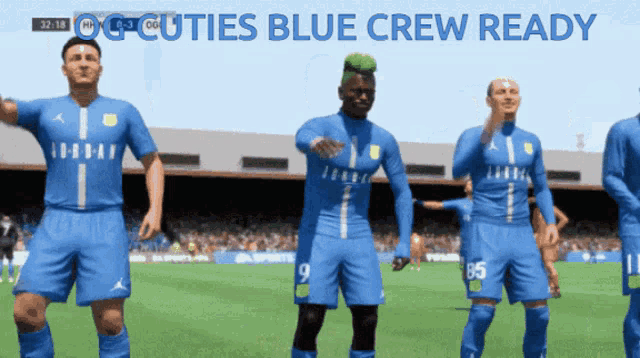 a group of soccer players are standing on a field with the words cuties blue crew ready above them