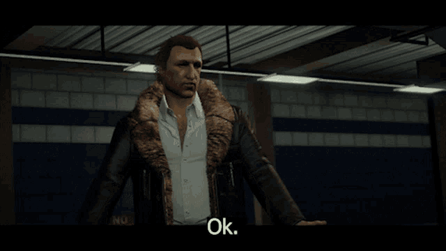 a man with a fur coat says ok in a video game