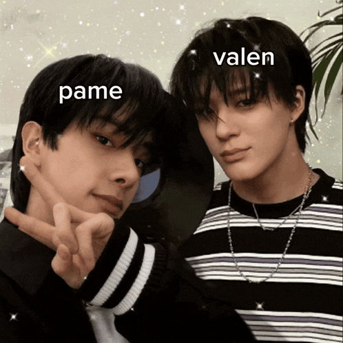 two young men posing for a picture with the names pame and valen written on their faces