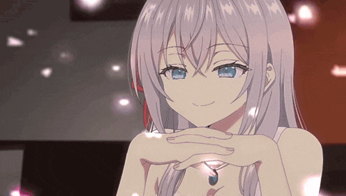 a girl with white hair and blue eyes is smiling with her hands on her chin