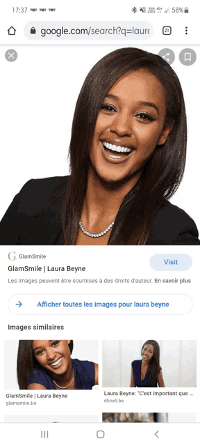 a google search for laura beyne shows a picture of her smiling