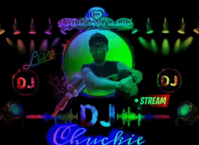 a man is standing in front of a microphone with the words live dj chuckie on the bottom