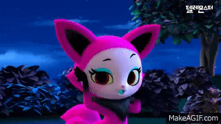 a pink and white cartoon character with a scarf around her neck