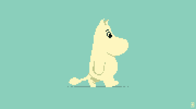 a pixel art of a cartoon character walking on a blue background .