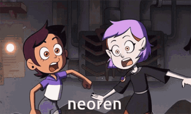 two cartoon characters are standing next to each other and the word neoren is on the bottom right