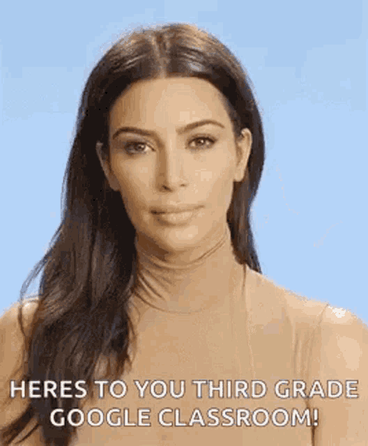 a woman with long hair is wearing a tan turtleneck and says `` here to you third grade google classroom ! ''