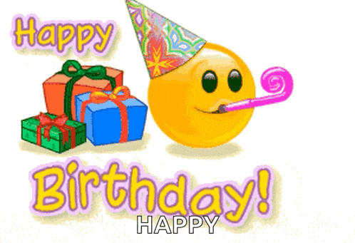 a birthday card with a smiley face wearing a party hat and blowing a party horn