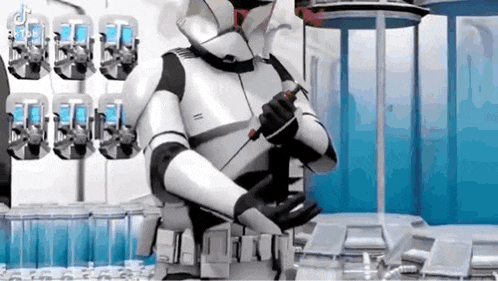 a storm trooper is holding a screwdriver in a room with a lot of bottles .