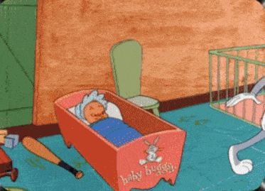 bugs bunny is standing in front of a green door in a cartoon