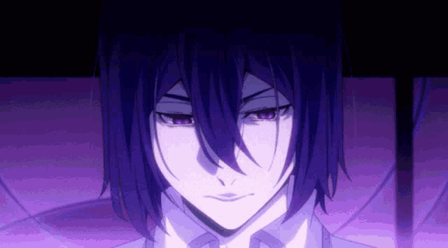 a close up of a person with purple hair and purple eyes