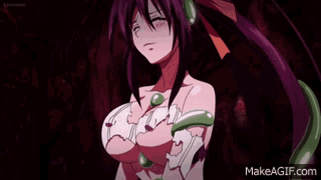 a purple haired anime girl is being eaten by a worm .