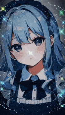 a girl with blue hair is wearing a blue bow tie