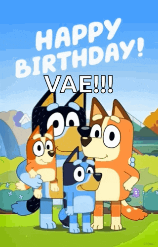 a happy birthday greeting card with three cartoon dogs and the words happy birthday vae !!!