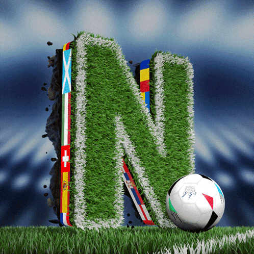 the letter n is made out of grass with a soccer ball next to it