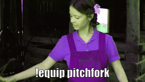a girl wearing purple overalls and a purple shirt says i equip pitchfork