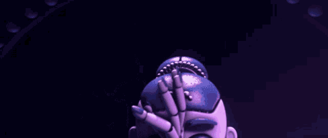 a close up of a cartoon character with a purple face and a blue head .